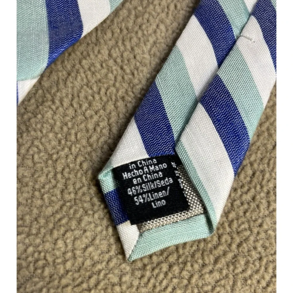Wembley Green‎ Blue White Striped Tie Men's Silk/Linen Blend Necktie 59.5